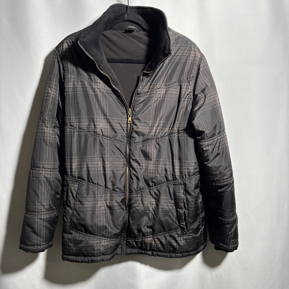 Burnside Mens Black Gray‎ Plaid Coat Sz M Fleece Lined SEE